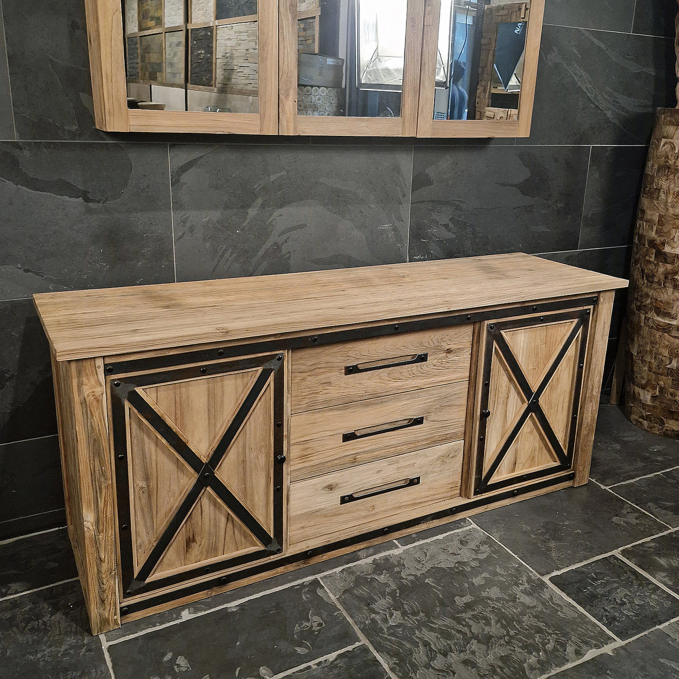 Handgefertigte Teakholz-Kommode mit Schiebetüren, ASMA Badgestaltung, 186x55x80cm, stilvoller Badmöbel-Unterschrank