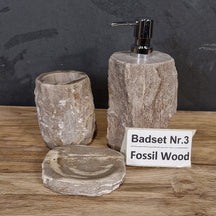 Drei-teiliges Versteinertes Holz Badset mit FossilWood-Design, inklusive Seifenspender und Badaccessoires, naturbelassenes Fossilholz.