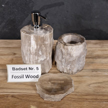 Drei Teile set aus versteinertem Holz für Badgestaltung, inklusive Fossilholz-Elementen, von SEIFENSPENDER.