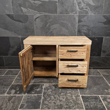 Bali Teakholz Badezimmer-Unterschrank, schlichte elegante Badgestaltung aus Naturmaterial, Modell 2, rechte Seite, 120x47x80cm