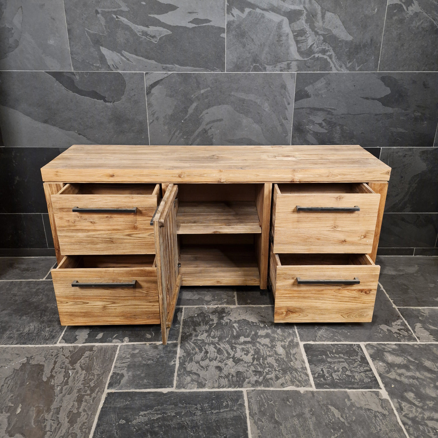 Handgefertigter Badezimmer-Unterschrank aus Teakholz mit rustikaler Oberfläche, Modell 3, für stilvolle Badgestaltung, Bali.