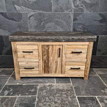 Unterschrank mit Waschtisch aus recyceltem Holz im rauen Naturlook, BINTAN Badgestaltung, 146 cm breit, modernes Design