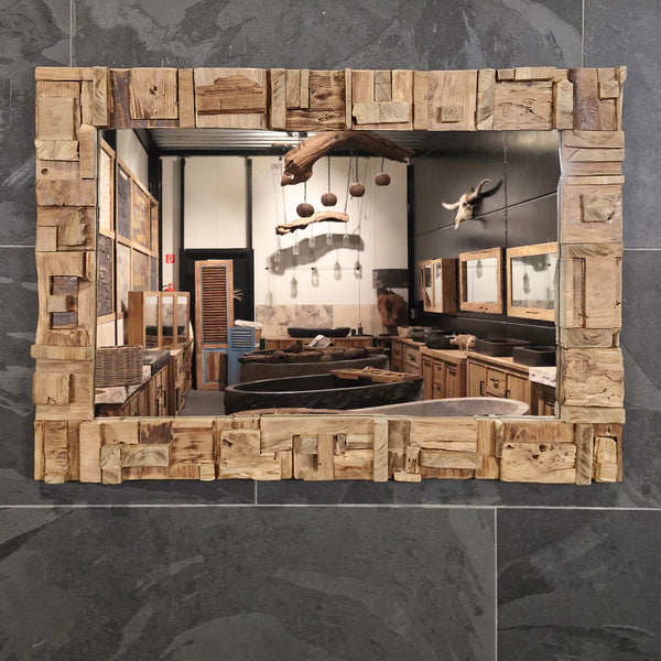 Badspiegel | Recyceltes Teakholz mit Block | Verschiedene Größen