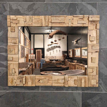 Recycelter Badspiegel aus Teakholz mit Block, Maße 90x80x3 cm, für moderne Badezimmergestaltung.