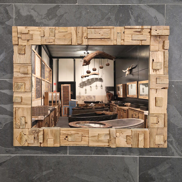 Badspiegel | Recyceltes Teakholz mit Block | Verschiedene Größen