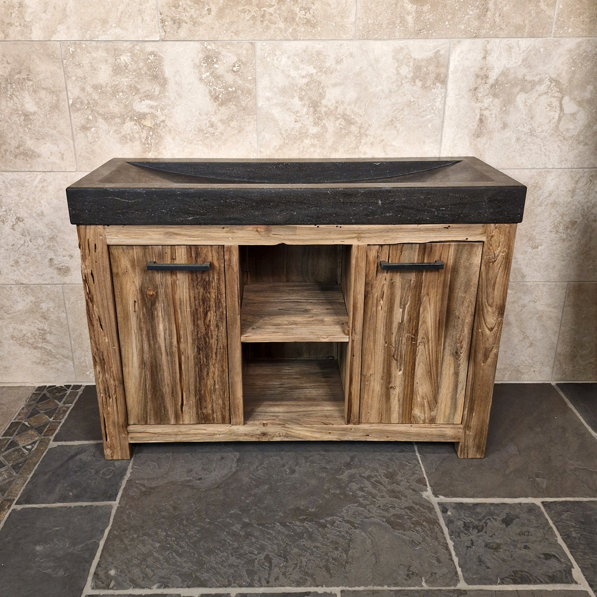 Handgefertigter Teakholz-Unterschrank mit Waschtisch, Borneo Bilbao, 126x55x80 cm, glatte blausteinfarbene Oberfläche.