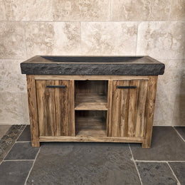 Teakholz Unterschrank mit Waschtisch | 126 x 55 x 80 cm | Handgefertigt | Model 2 - Blaustein grob - Badgestaltung