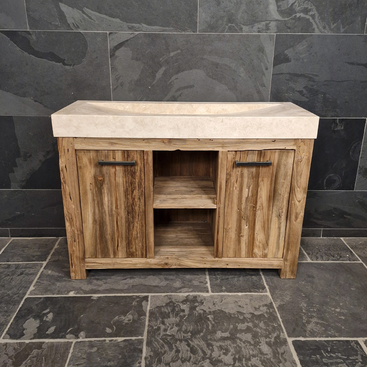 Handgefertigter Teakholz-Unterschrank mit Waschtisch, Borneo, 126 x 55 x 80 cm, Badgestaltung, Travertin glatt, Modell 2