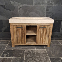 Handgefertigter Teakholz-Unterschrank mit Waschtisch, Borneo, 126 x 55 x 80 cm, Badgestaltung, Travertin glatt, Modell 2