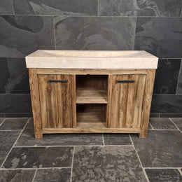 Teakholz Unterschrank mit Waschtisch | 126 x 55 x 80 cm | Handgefertigt | Model 2 - Travertin glatt - Badgestaltung