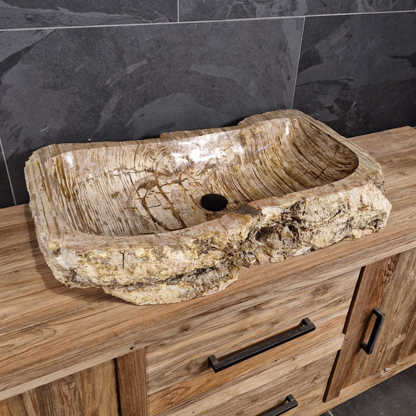 Wasbak van versteend hout | Natuursteen | Unieke stukken | 80-100 cm