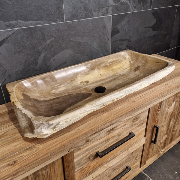 Wasbak van versteend hout | Natuursteen | Unieke stukken | 100-120 cm