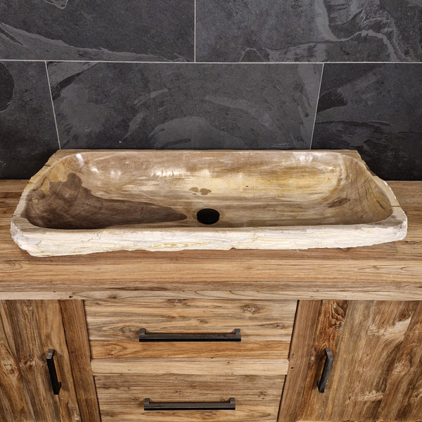Wasbak van versteend hout | Natuursteen | Unieke stukken | 100-120 cm