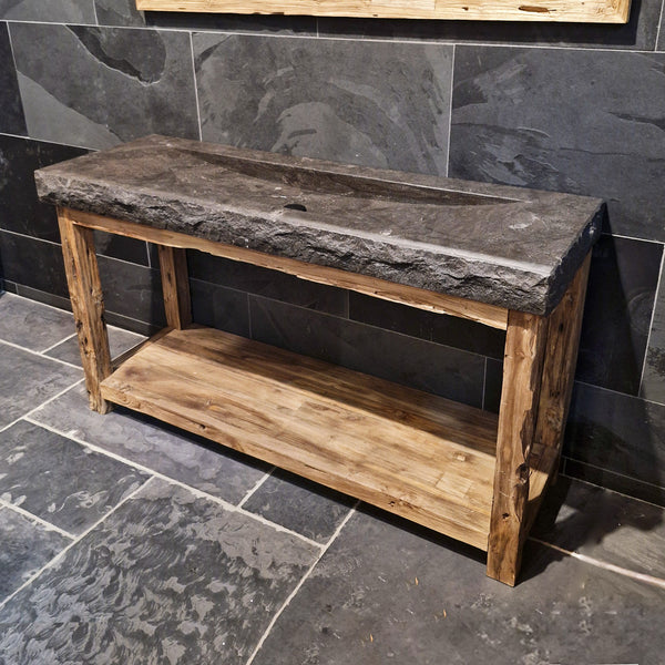 Badkamermeubel met wastafel | Ruwe blauwsteen | Onderkast van teak