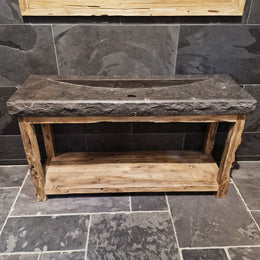 Badezimmermöbel mit Waschtisch | Blaustein grob | Untertisch aus Teak - 156 x 50 x 87 cm - Badgestaltung