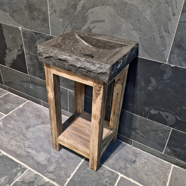 Badkamermeubel met wastafel | Ruwe blauwsteen | Onderkast van teak