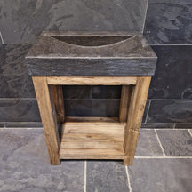 Badmöbel mit glattem Blaustein Waschtisch aus recyceltem Teakholz, moderne Badgestaltung von Denpasar, 66 cm breit