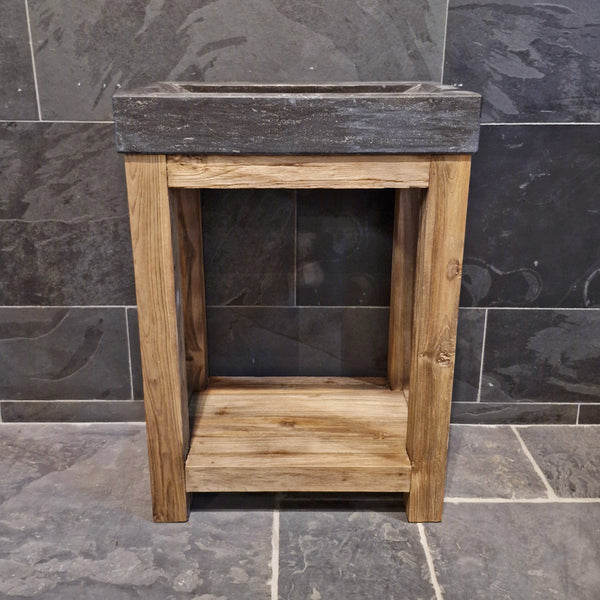 Badmeubel met gladde blauwsteen wastafel | Gerecycled teakhout