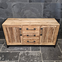 Depoku Badunterschrank aus recyceltem Teakholz mit Schlitzen, Maße 150x47x80cm, stilvolle Badgestaltung auf Bild sichtbar