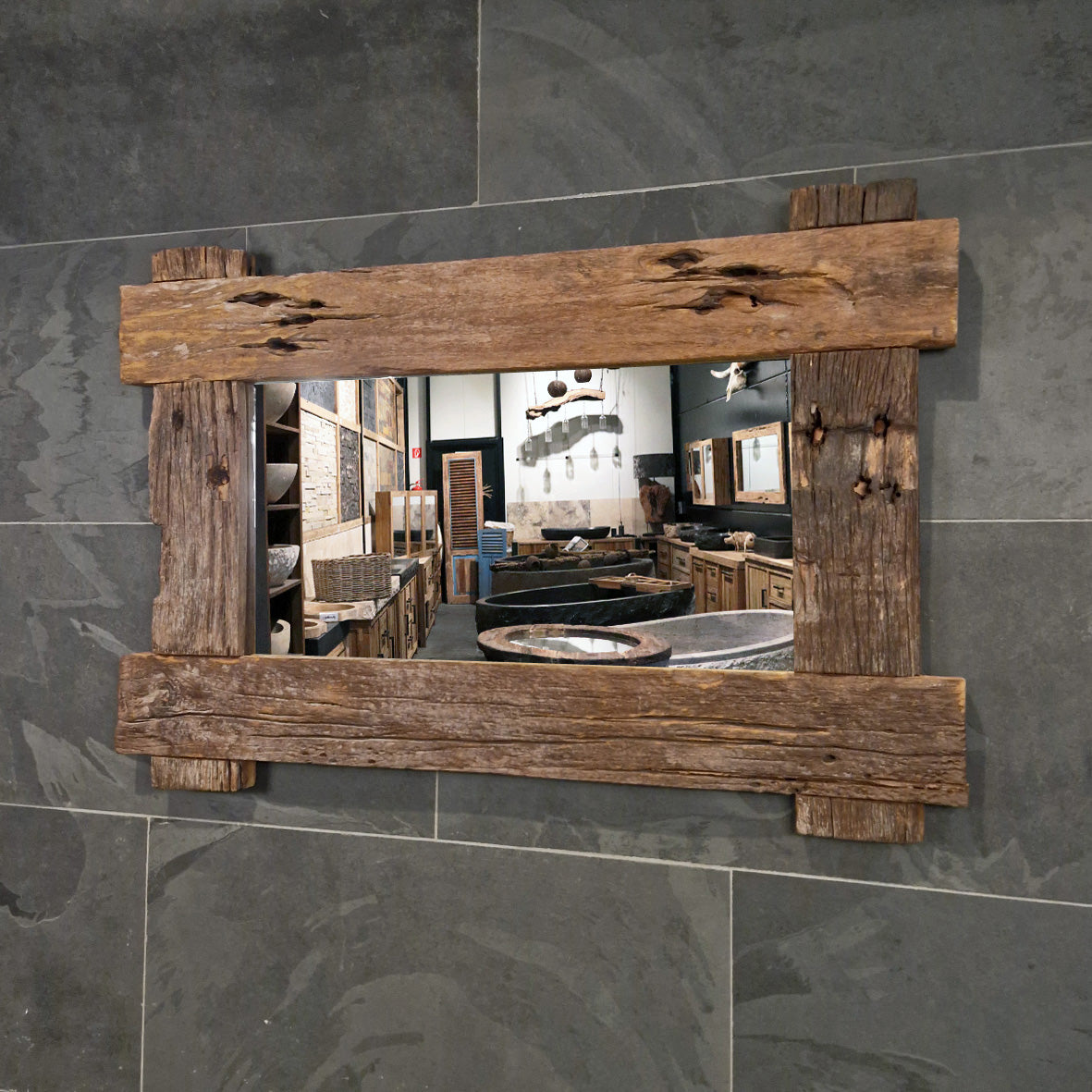 EROSI Badspiegel im A4-Format, recyceltes Teakholz, Maße 120 x 80 cm, modernes Design für Badezimmer.