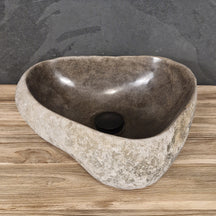 Aufsatzwaschbecken aus Flussstein, naturbelassen, Unikat, Maße 36x31x13cm, für Badgestaltung, von FLUSSSTEIN
