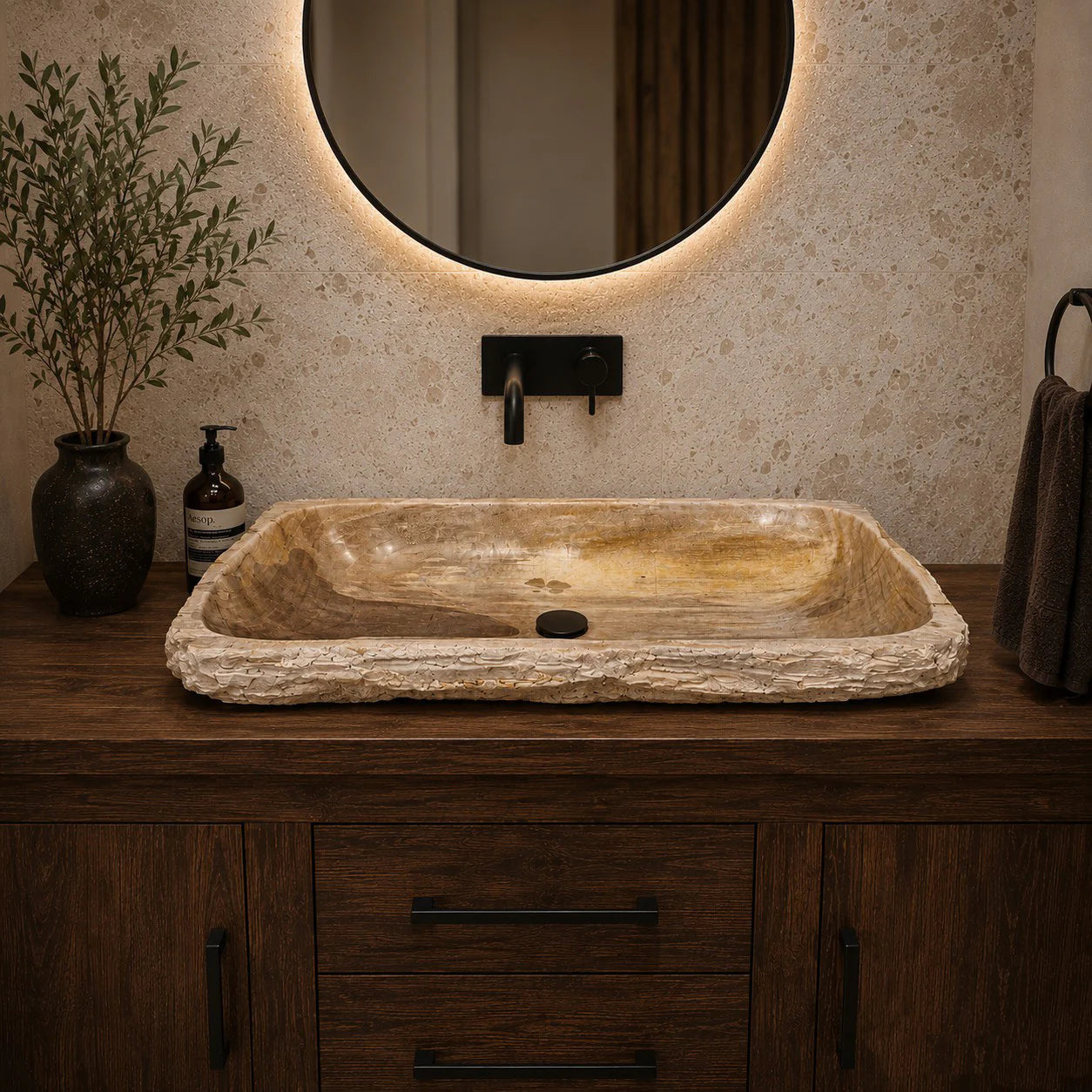 Wasbak van versteend hout | Natuursteen | Unieke stukken | 100-120 cm