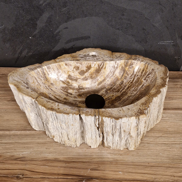 Wasbak van versteend hout | Natuursteen | Met kraangat | 40-60 cm