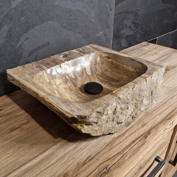 Wasbak van versteend hout | Natuursteen | Met kraangat | 40-60 cm