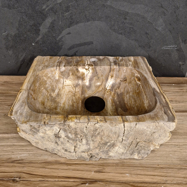 Wasbak van versteend hout | Natuursteen | Met kraangat | 40-60 cm