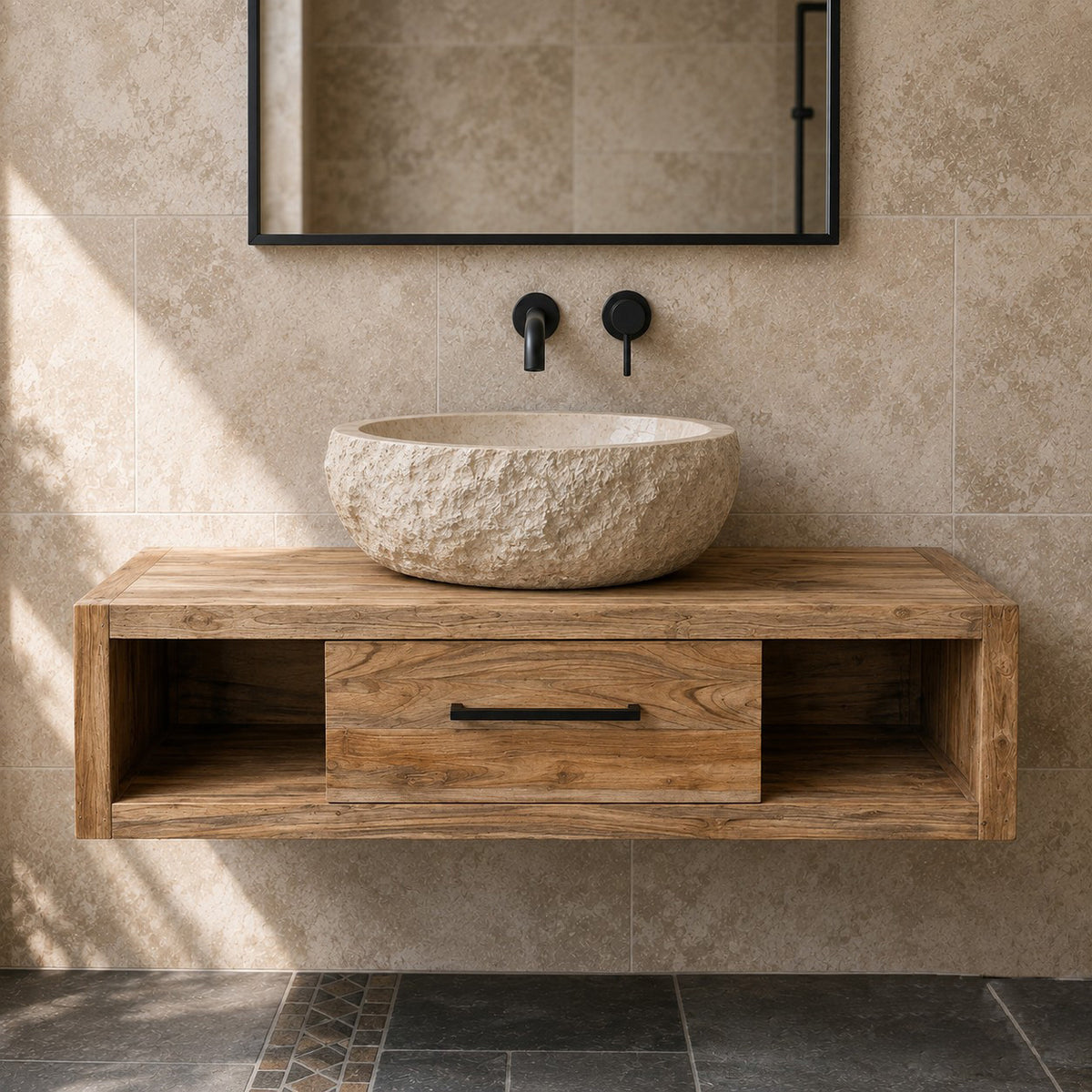 Hangkast voor badkamer | Gerecycled teakhout | Natuurlijke wandmontage | Model 1