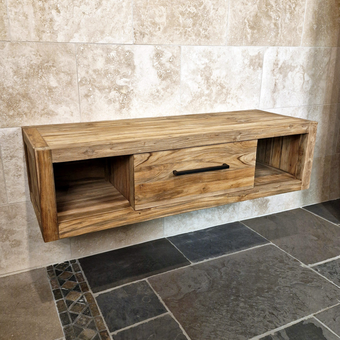 Hängeschrank für Bad aus recyceltem Teakholz, Wandmontage, naturfarben, Komodo, moderne Badgestaltung, 150x53x40cm