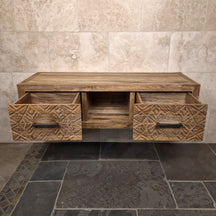 Hängeschrank mit Carving-Schubladen aus recyceltem Teakholz, Komodo 2, für moderne Badgestaltung, 150x53x41cm