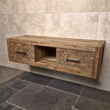 Hängeschrank mit Carving-Schubladen aus recyceltem Teakholz, Badgestaltung, KOMODO 2, Maße 150x53x41cm
