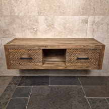 Hängeschrank mit Carving-Schubladen aus recyceltem Teakholz, Komodo 2, für stilvolle Badgestaltung, Maße 150x53x41cm