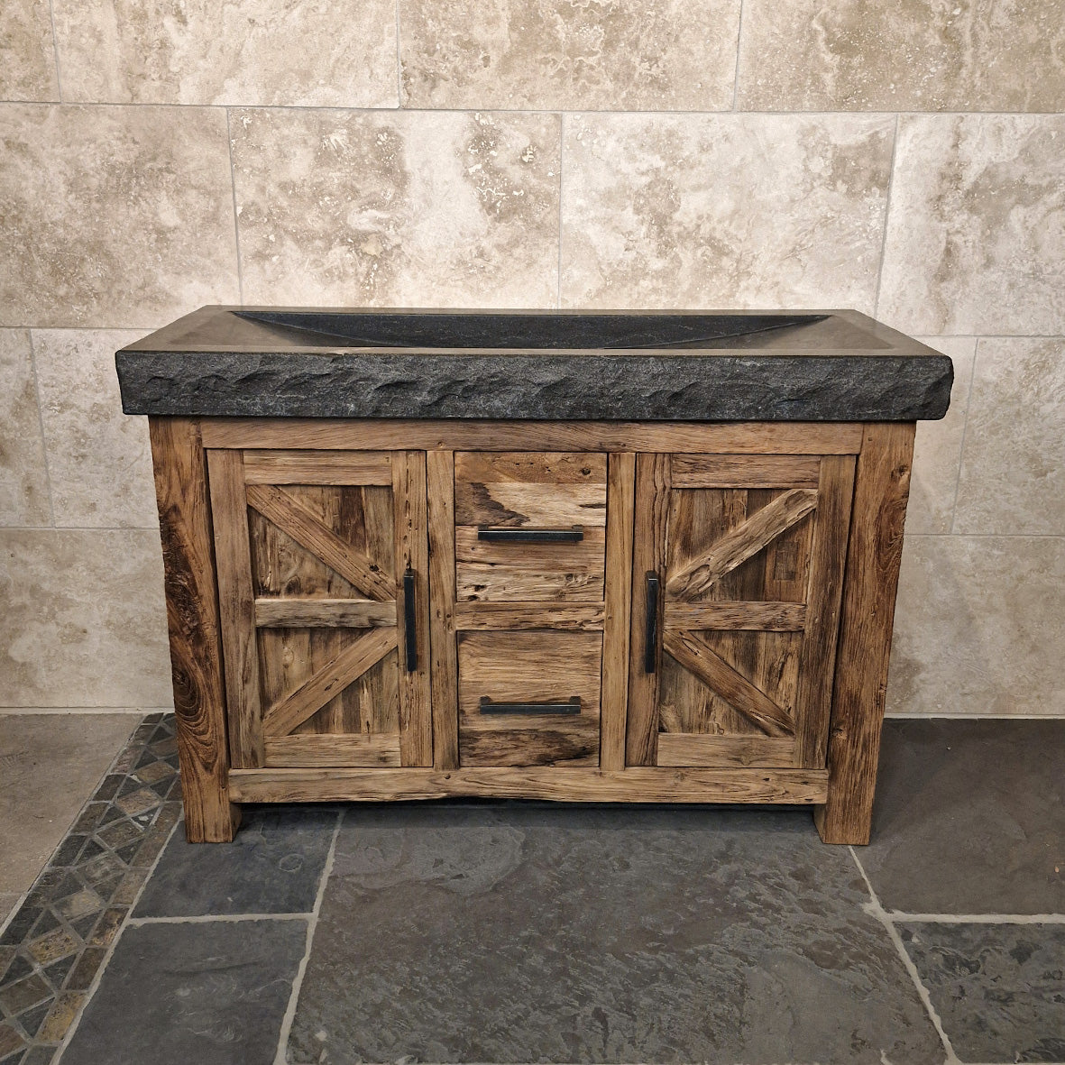 Unterschrank aus Teakholz mit Waschtisch | Schlichtes Naturdesign - 126 x 50 x 80 cm / Blaustein grob - Badgestaltung