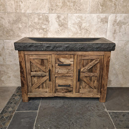 Unterschrank aus Teakholz mit Waschtisch | Schlichtes Naturdesign - 126 x 50 x 80 cm / Blaustein grob - Badgestaltung