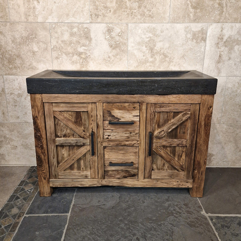 Unterschrank aus Teakholz mit Waschtisch | Schlichtes Naturdesign - 126 x 50 x 80 cm / Blaustein glatt - Badgestaltung