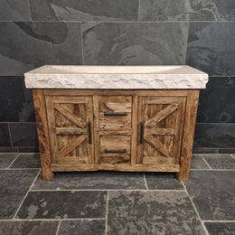 Unterschrank aus Teakholz mit Waschtisch | Schlichtes Naturdesign - 126 x 50 x 80 cm / Travertin grob - Badgestaltung