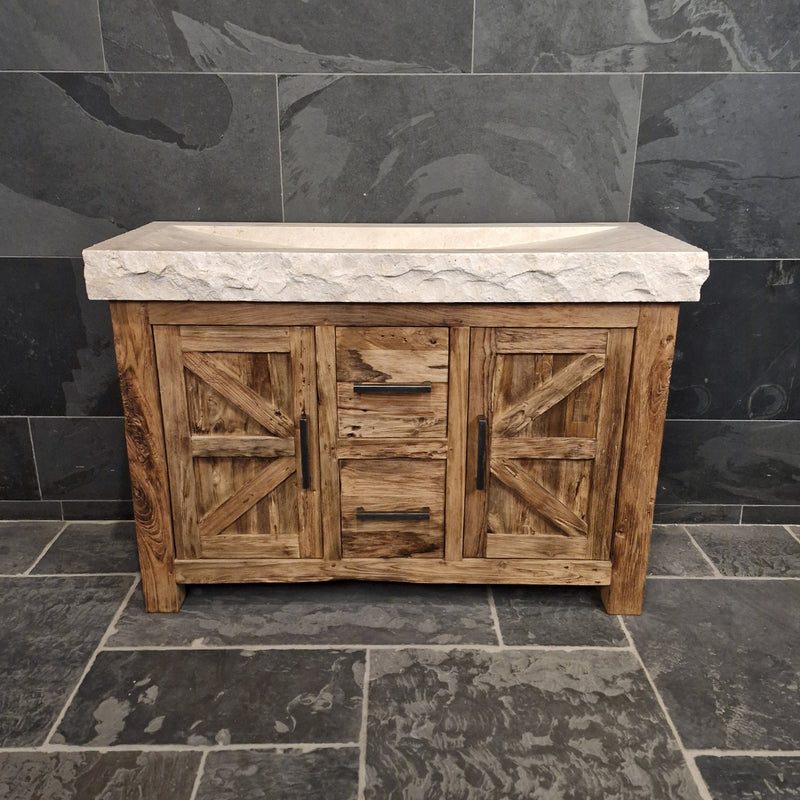 Unterschrank aus Teakholz mit Waschtisch | Schlichtes Naturdesign - 126 x 50 x 80 cm / Travertin grob - Badgestaltung