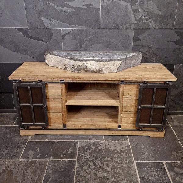 Unterschrank Badezimmer | Recyceltes Teak | Unterschrank mit Metall Schiebetüren