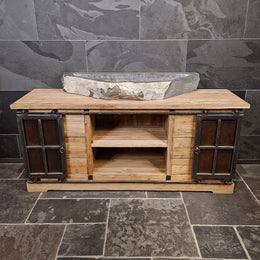 Unterschrank Badezimmer | Recyceltes Teak | Unterschrank mit Metall Schiebetüren - Badgestaltung