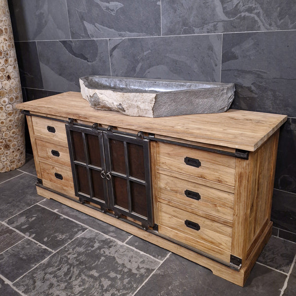 Unterschrank Badezimmer | Recyceltes Teak | Unterschrank mit Metall Schiebetüren