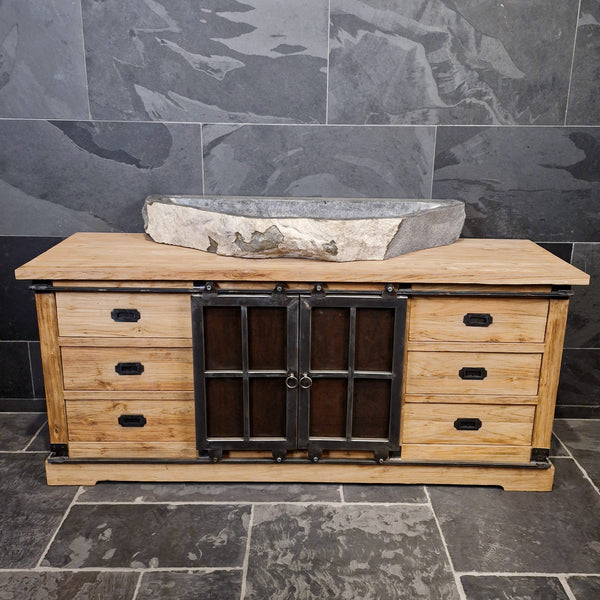 Unterschrank Badezimmer | Recyceltes Teak | Unterschrank mit Metall Schiebetüren