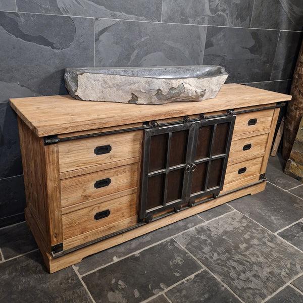 Unterschrank Badezimmer | Recyceltes Teak | Unterschrank mit Metall Schiebetüren