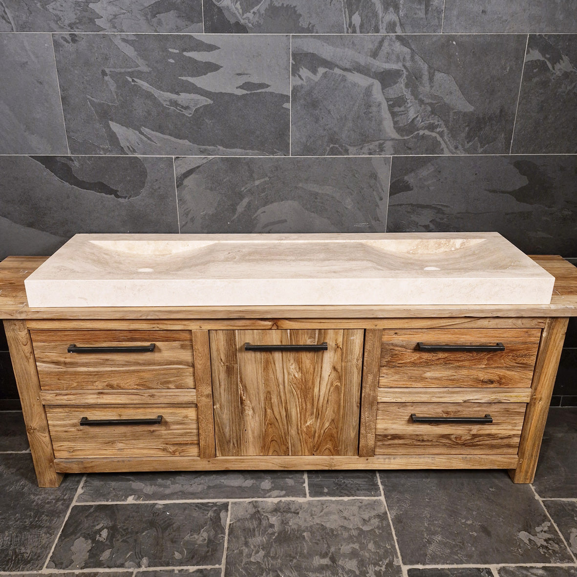 Doppelwaschtisch aus glattem Travertin-Naturstein, 182x53x10 cm, für Badezimmer, von MILAN, verschiedene Größen erhältlich