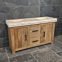 Badezimmermöbel mit Waschtisch aus recyceltem Teakholz, MADURA Unterschrank mit Travertin-Design für moderne Badgestaltung