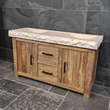 Badezimmermöbel mit Waschtisch aus recyceltem Teakholz, MADURA, Unterschrank im Badgestaltung mit Travertin-Details