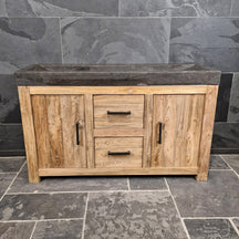 Badezimmermöbel mit Waschtisch von MADURA, Unterschrank in Blaustein, glatte Oberfläche, modernes Design für Badgestaltung.