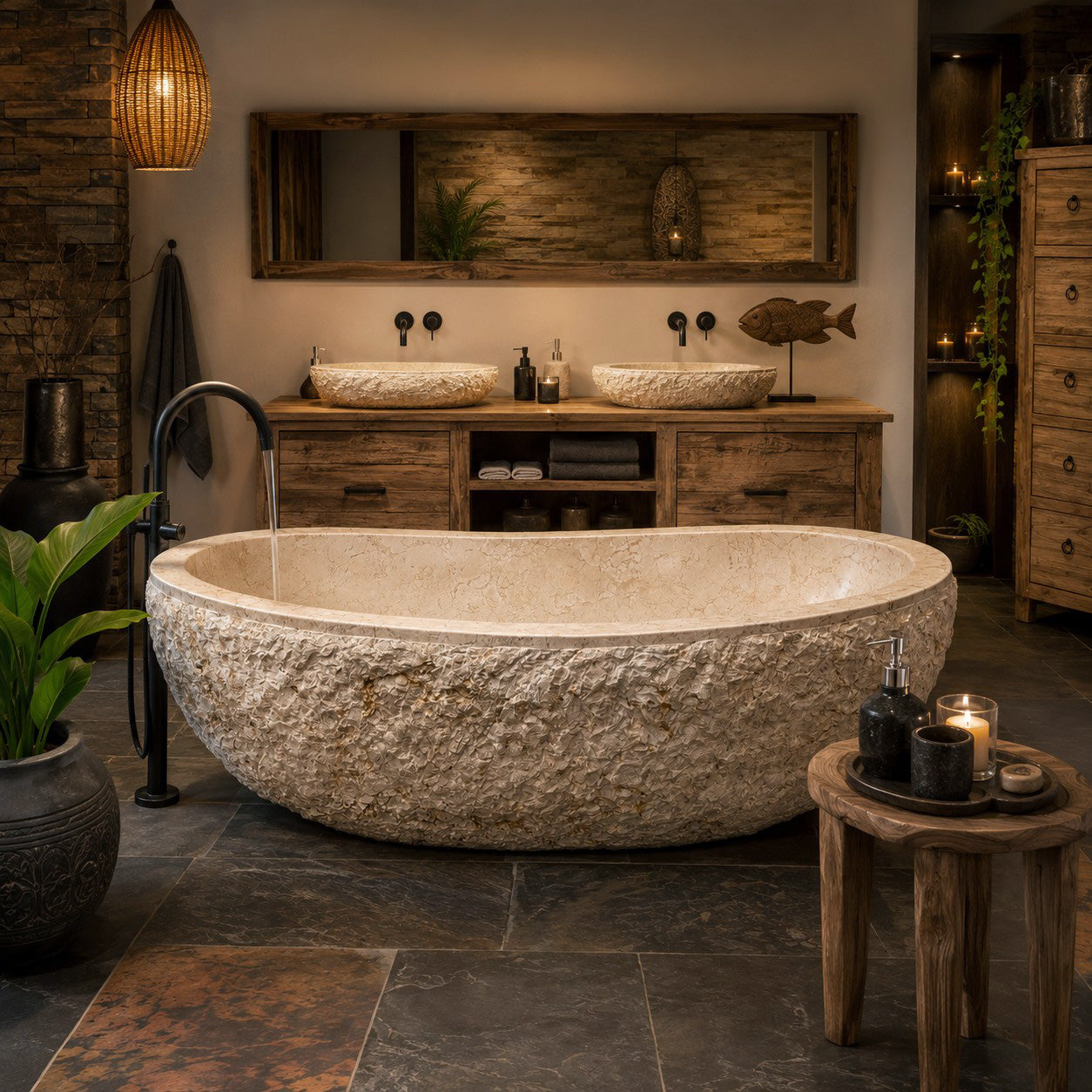 Badewanne freistehend | Marmor, beige weiß| | Naturstein | L 180 x B 90 x H 58 cm
