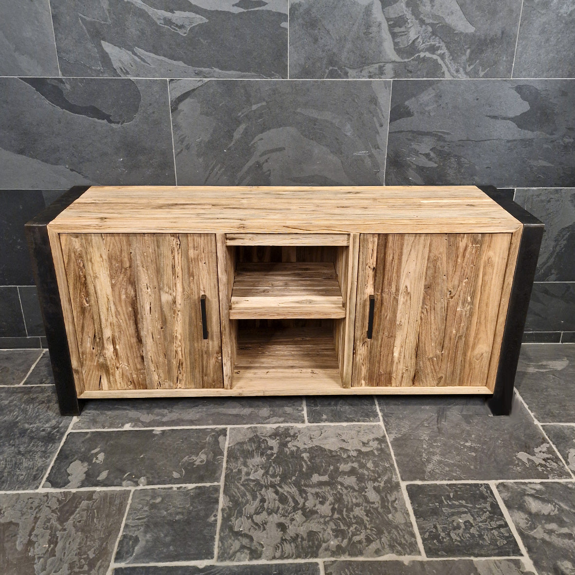 Unterschrank für Bad aus recyceltem Teakholz, 180x55x80 cm, Metal Look, modernes Badmöbel mit natürlicher Holzoptik